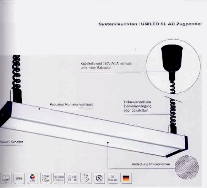 UNILED SL AC - Zugpendel, LANG Auszugslänge ~74–190cm, 5200K-5700K Lieferung ohne Anschlussleitung (Anschluss im Baldachin über Verbindungsklemme)